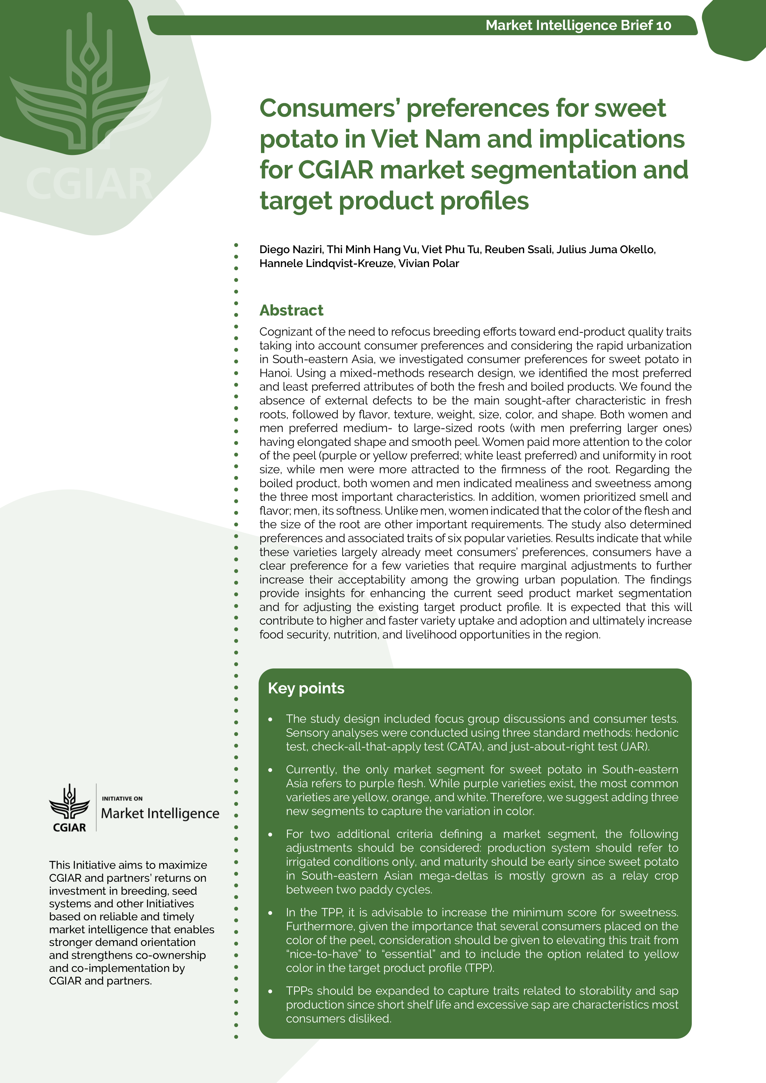 Consumers’ preferences for sweet potato in Viet Nam and implications for CGIAR market segmentation and target product profiles