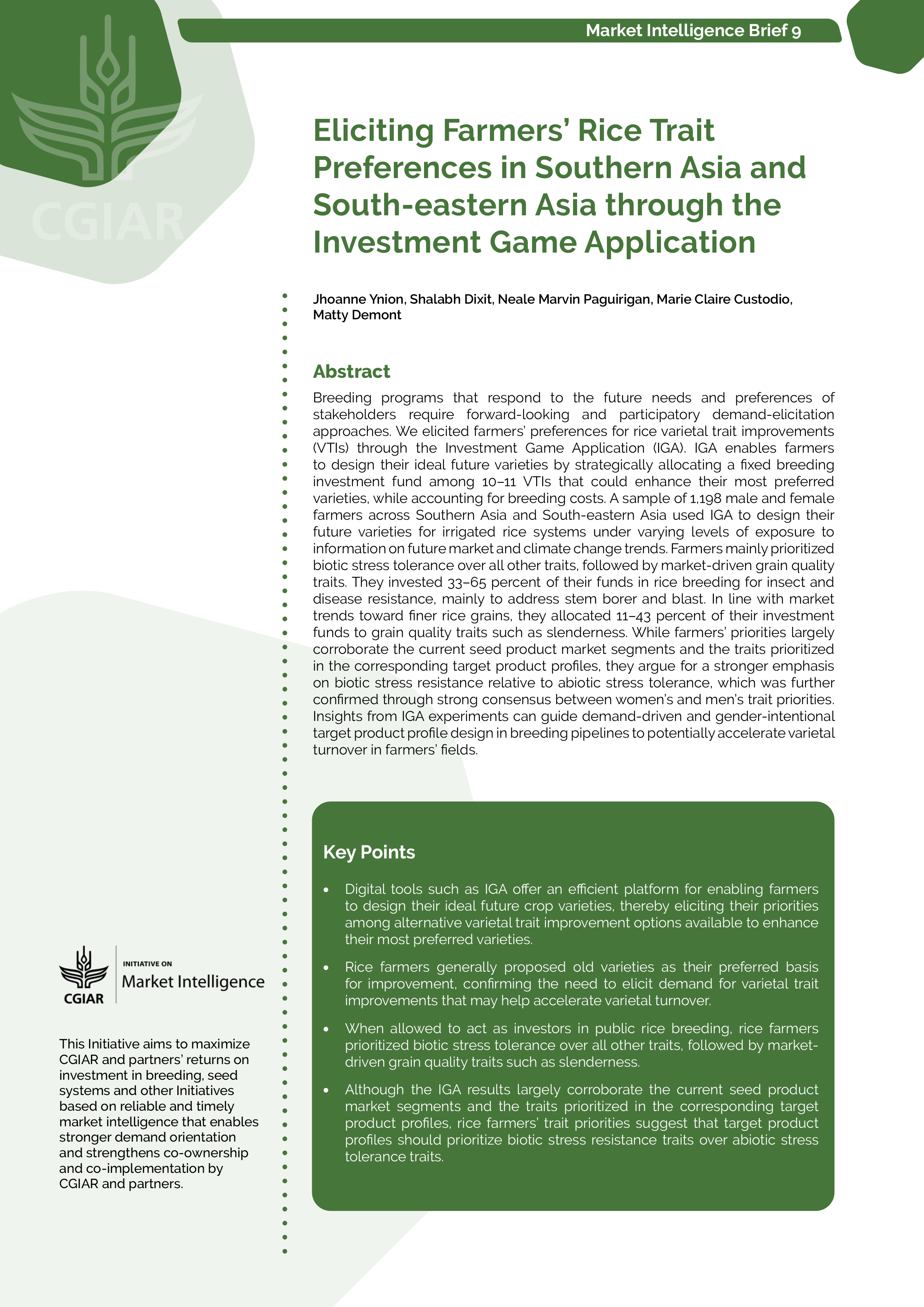 Eliciting Farmers’ Rice Trait Preferences in Southern Asia and South-eastern Asia through the Investment Game Application