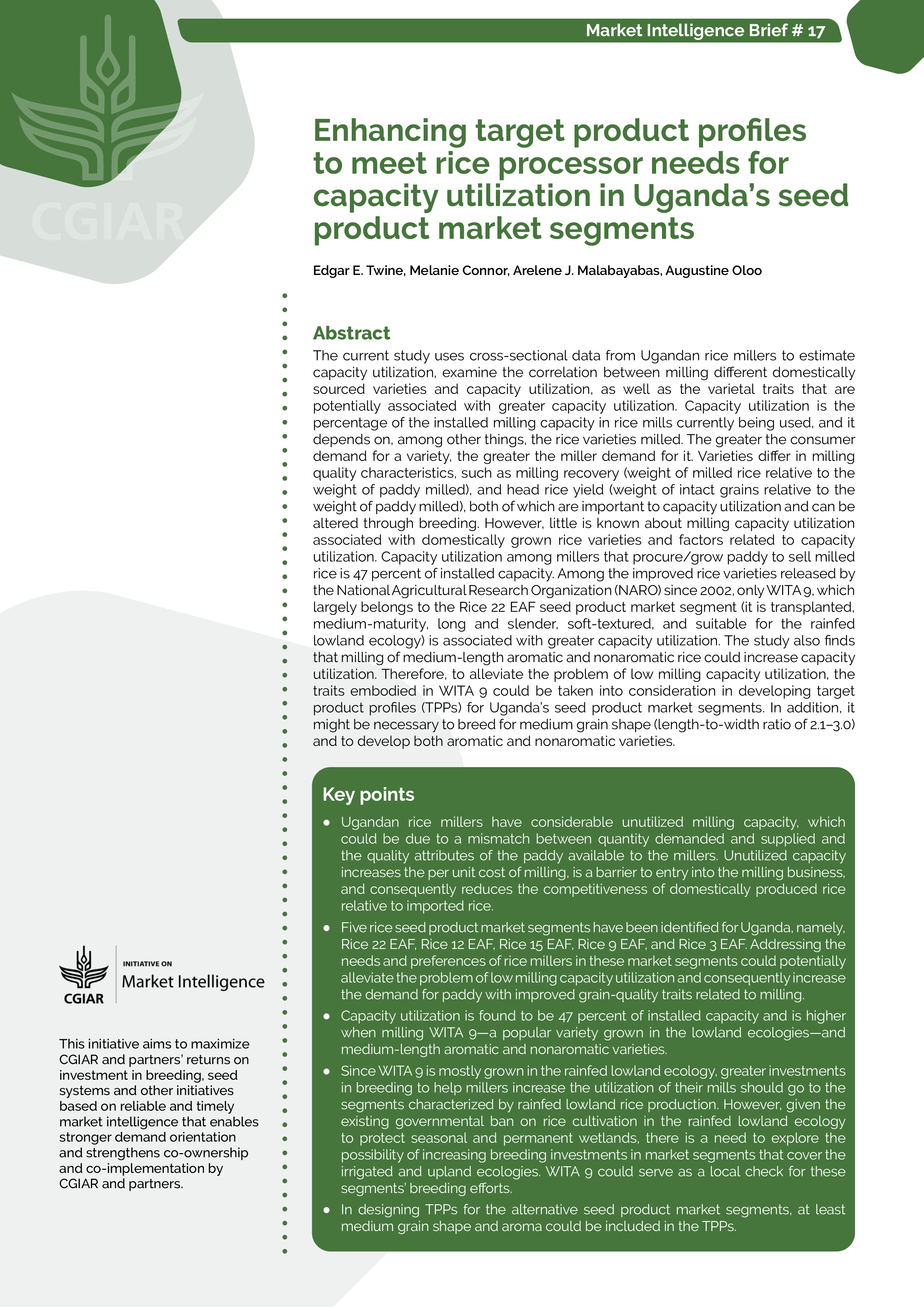Enhancing target product profiles to meet rice processor needs for capacity utilization in Uganda’s seed product market segments