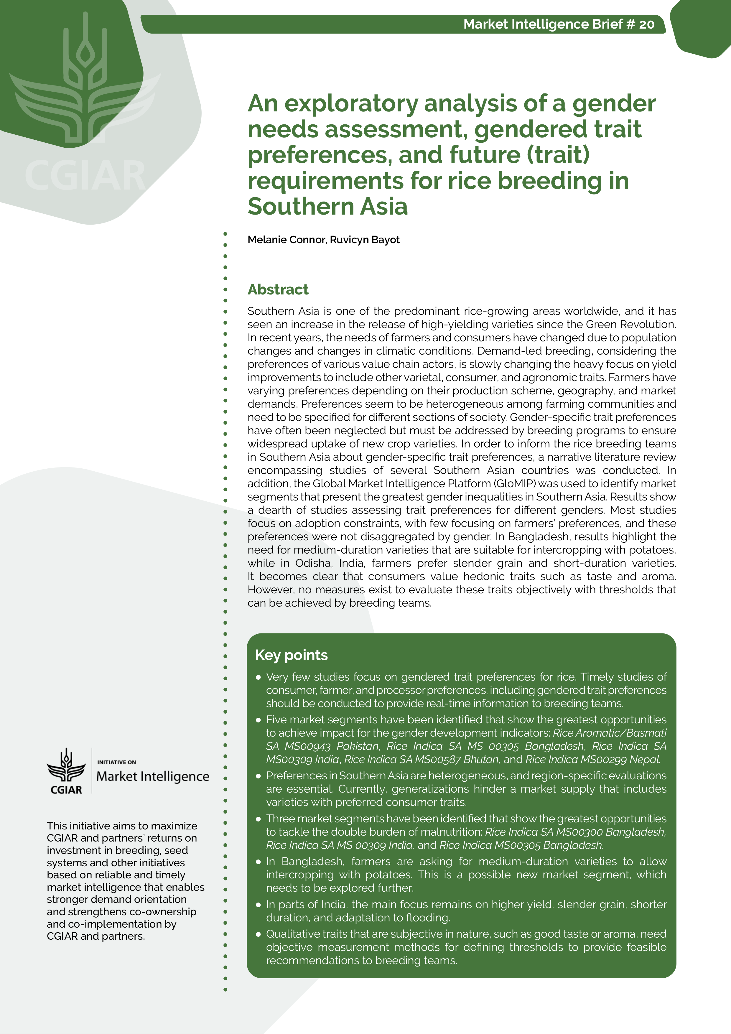An exploratory analysis of a gender needs assessment, gendered trait preferences, and future (trait) requirements for rice breeding in Southern Asia