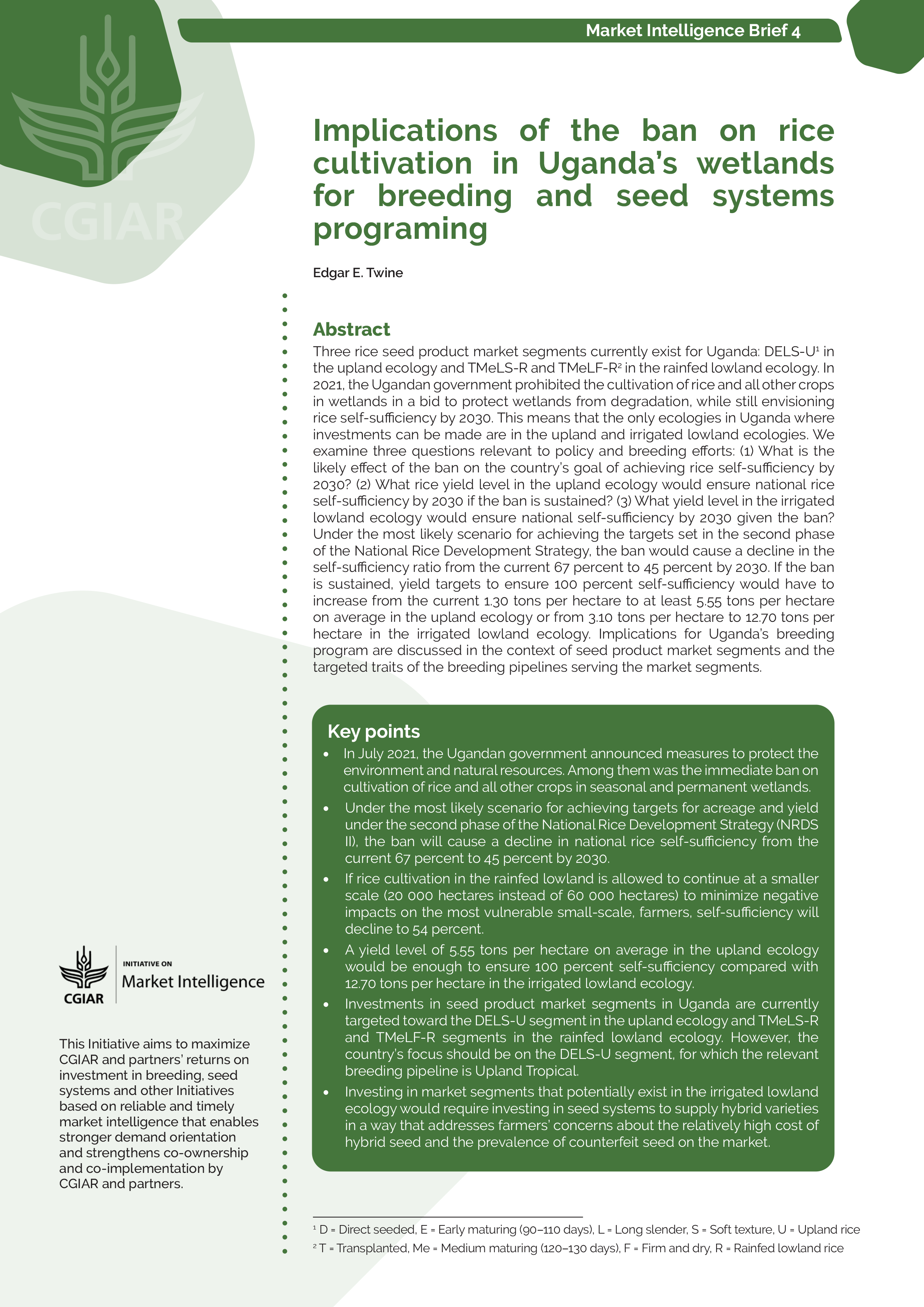 Implications of the ban on rice cultivation in Uganda’s wetlands for breeding and seed systems programing