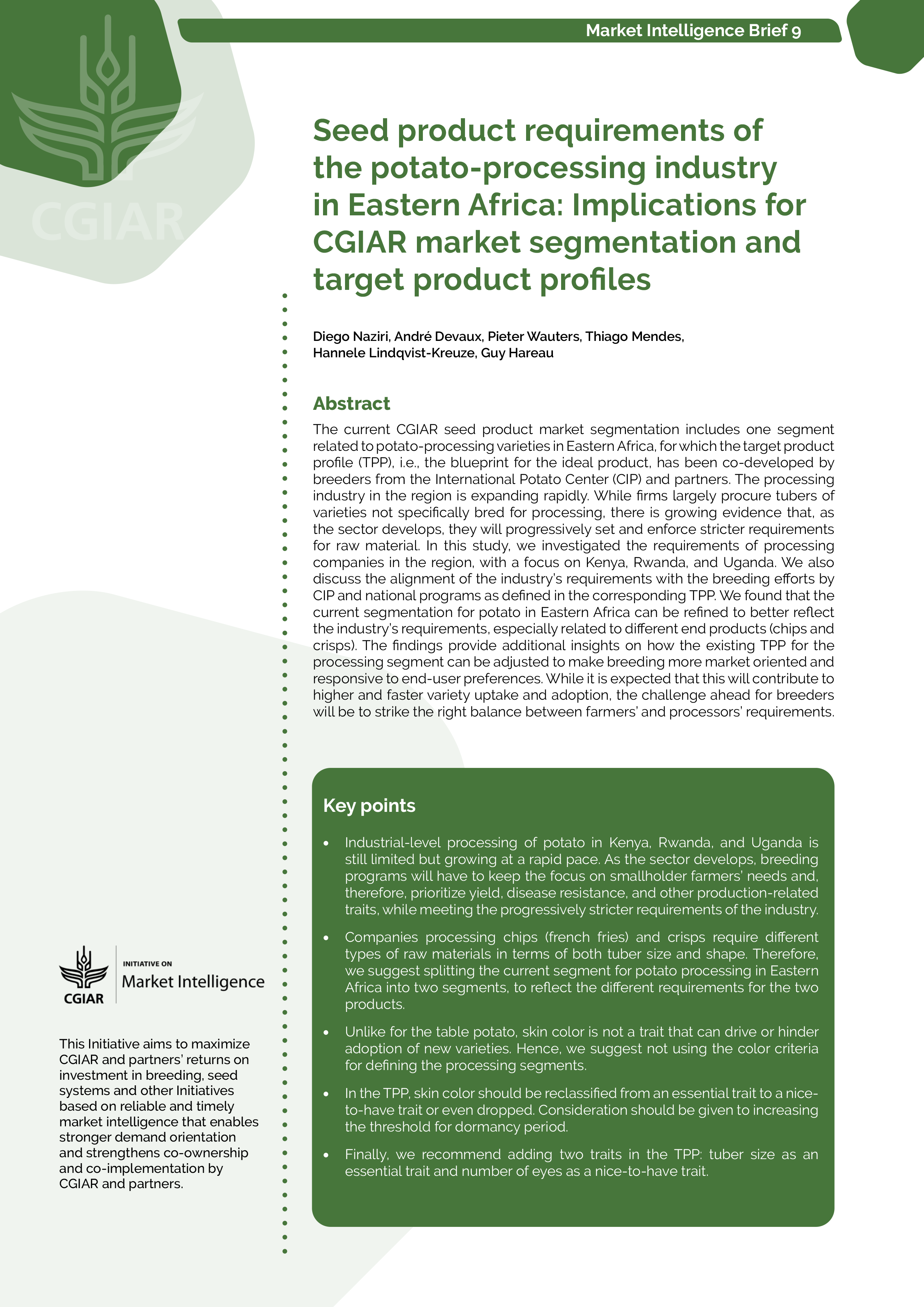 Seed product requirements of the potato-processing industry in Eastern Africa : Implications for CGIAR market segmentation and target product profiles