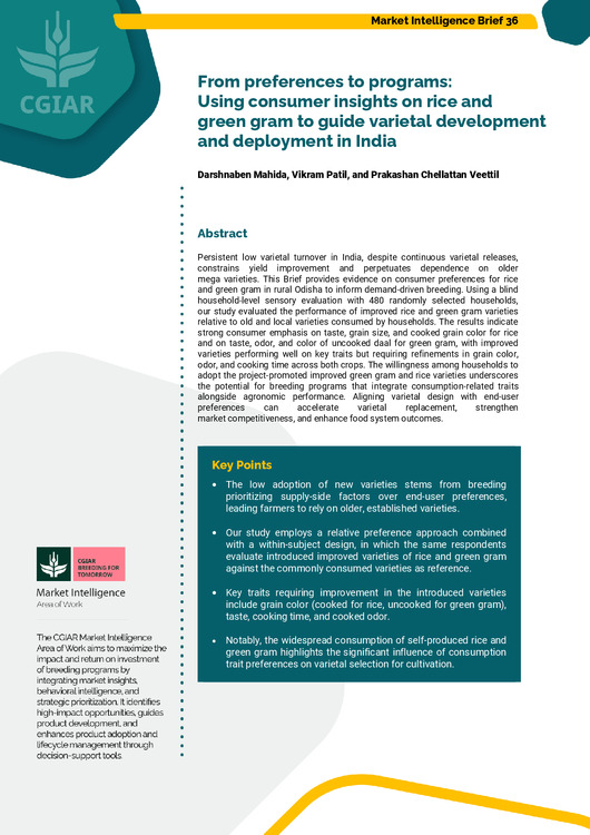 From preferences to programs: Using consumer insights on rice and green gram to guide varietal development and deployment in India